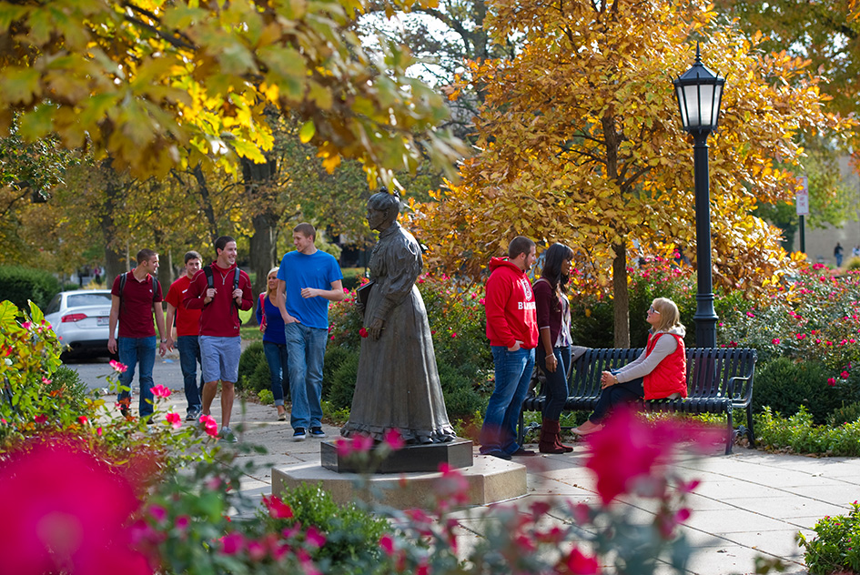 Students and the Lydia Bradley statue