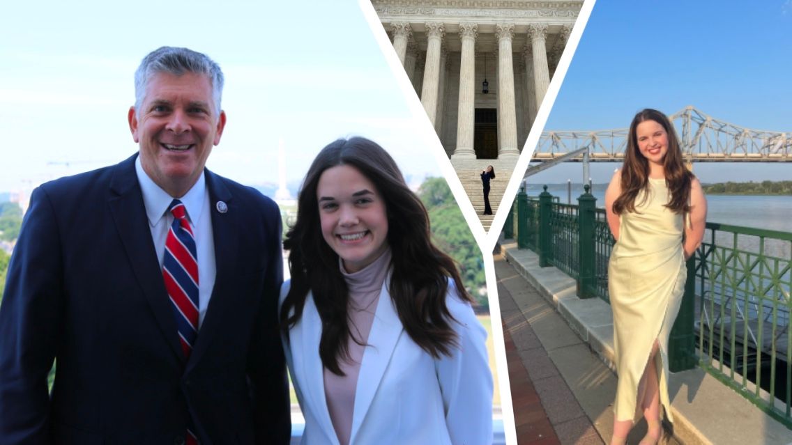 Split image of Congressman Darin LaHood and Sarah Sweeney in Washington D.C. and Hailey Keeton on the Peoria riverfront